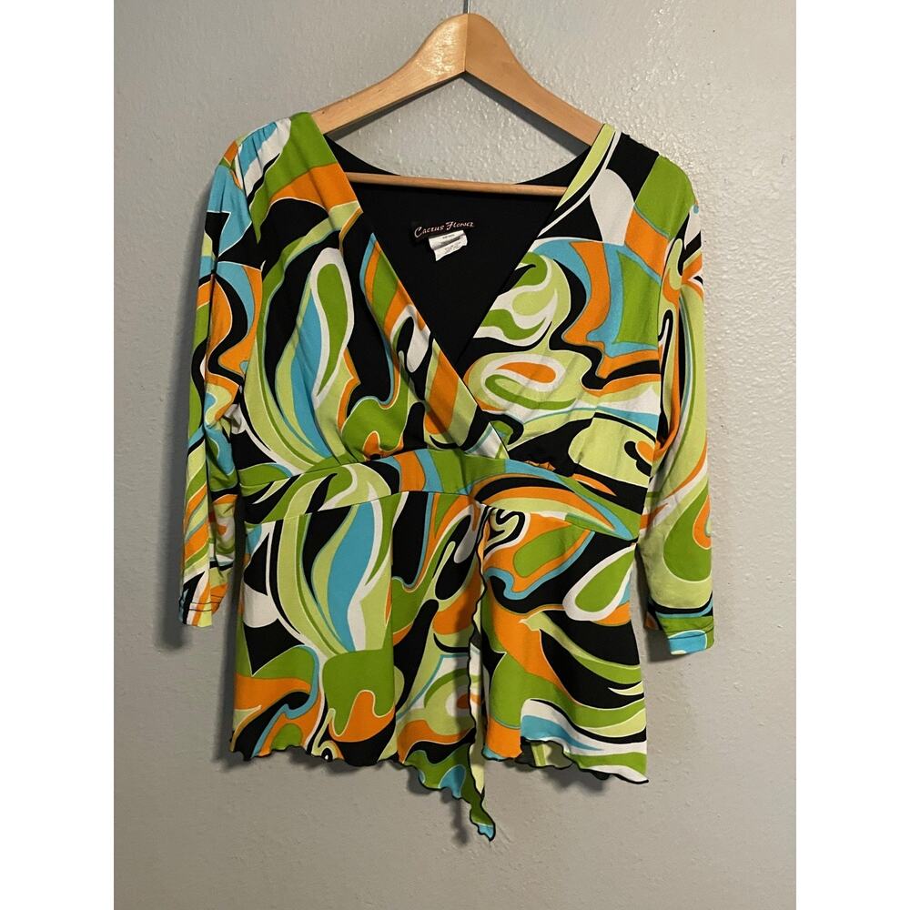 Cactus Flower Tunic Womens Large Multicolor Geometric Babydoll Boho Retro Y2K